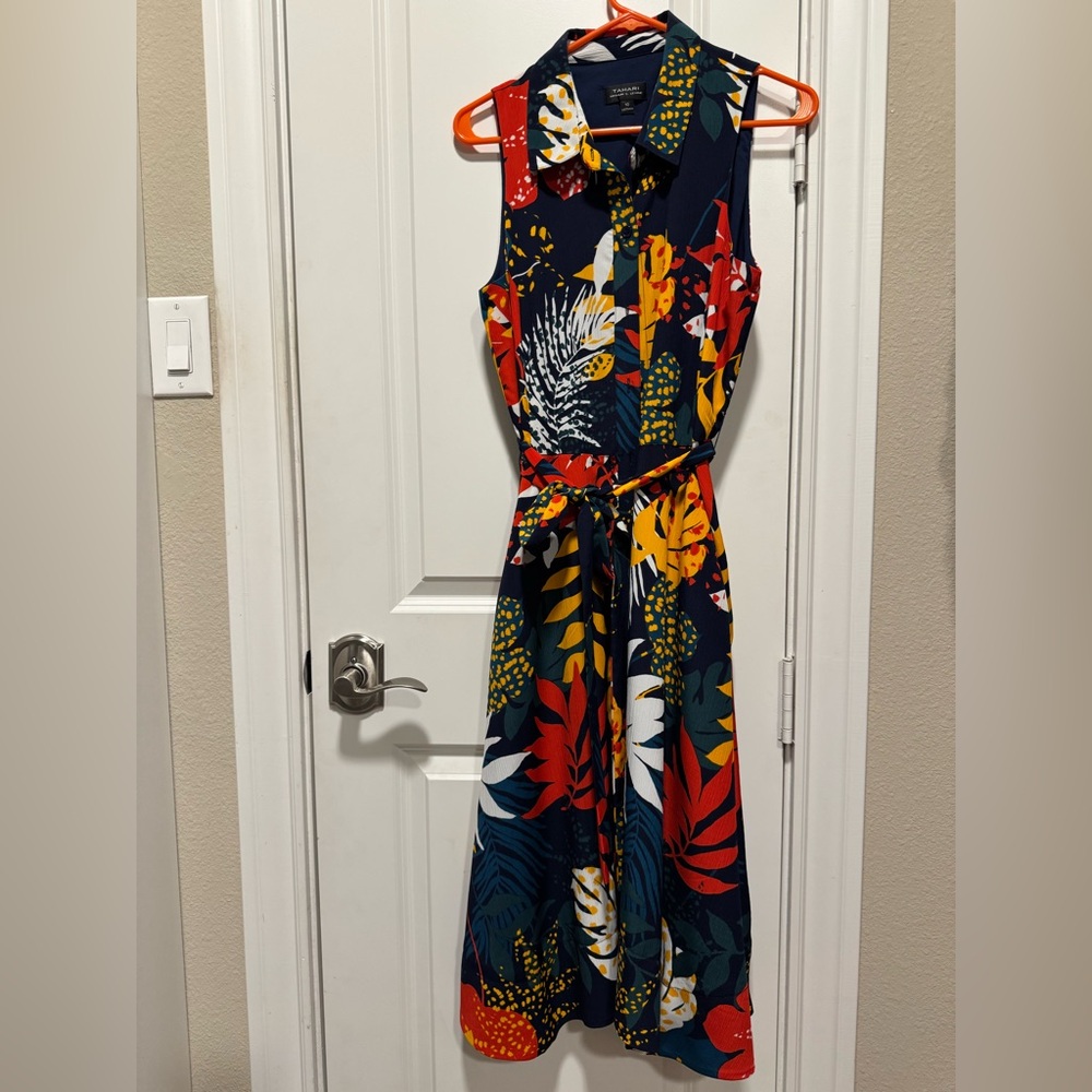 Tahari Navy Floral Midi Dress